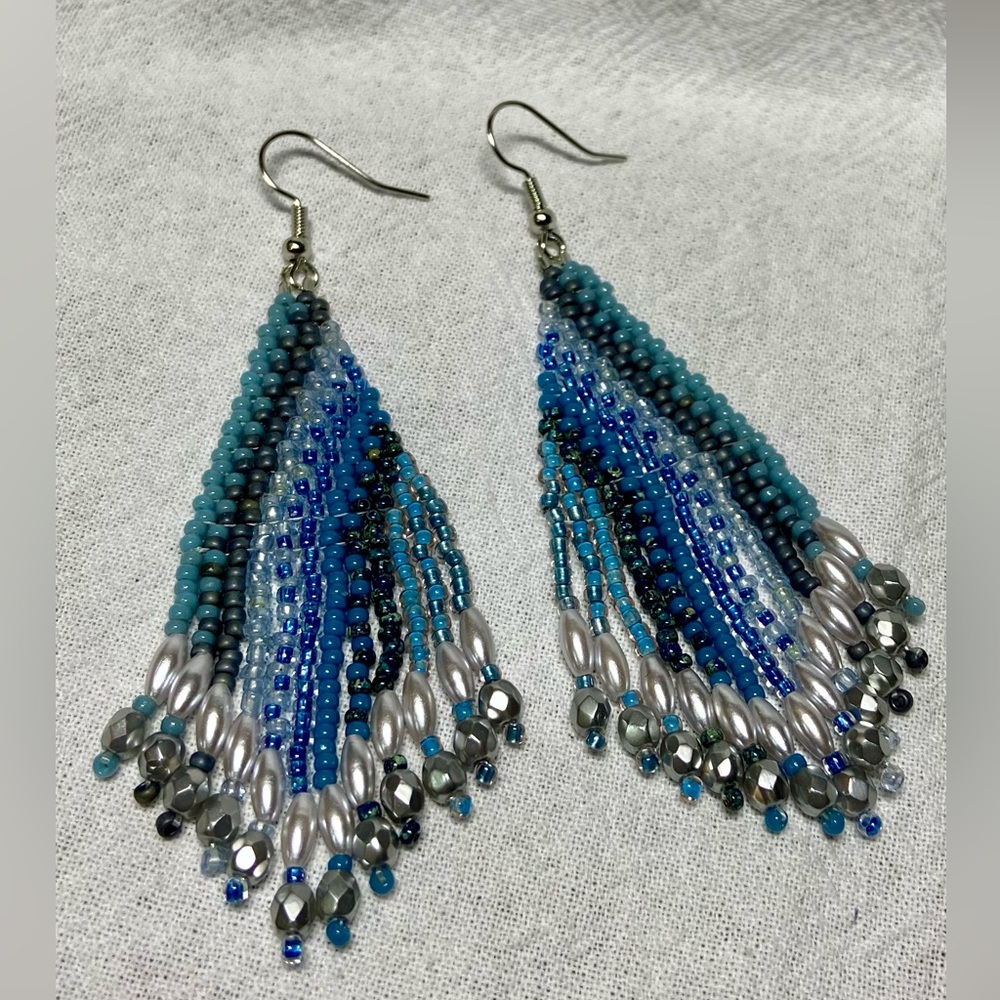 Shades of Denim Stripes Beaded Earrings